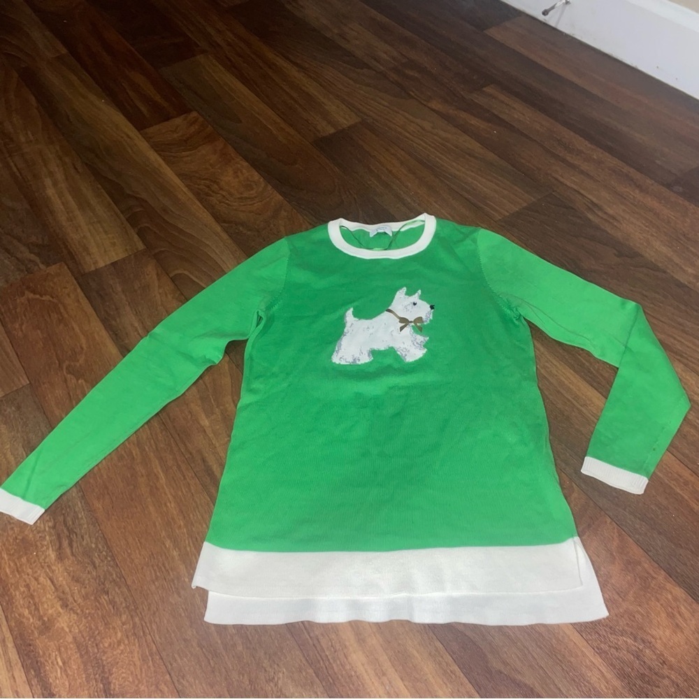 CROWN & IVY Womens Scottie Dog Green Long Sleeve Round Neck Sweater Size XS